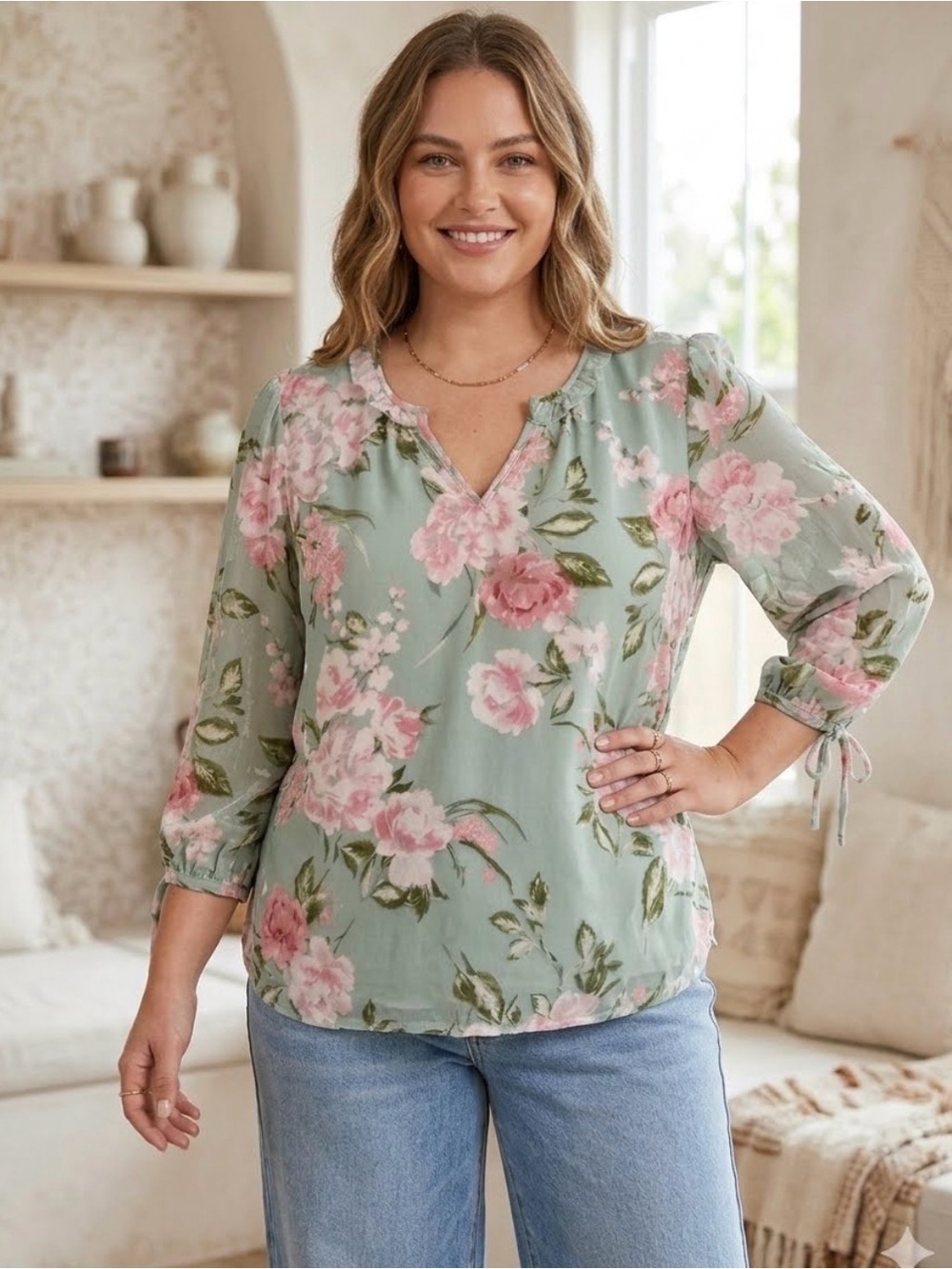 Autres Filles Floral Split V-Neck Blouse 3X Sage Green Pink Roses 3/4 Tie Sleeve